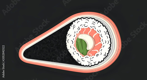 Papercut Layered Diorama. a temaki hand roll as a multi-layered paper sculpture. delicate cut-out layers for nori, rice, fish, in a palette of matte black, creamy white, soft coral