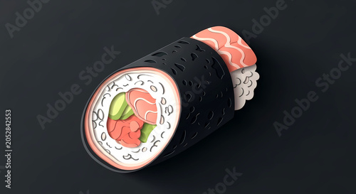 Papercut Layered Diorama. a temaki hand roll as a multi-layered paper sculpture. delicate cut-out layers for nori, rice, fish, in a palette of matte black, creamy white, soft coral