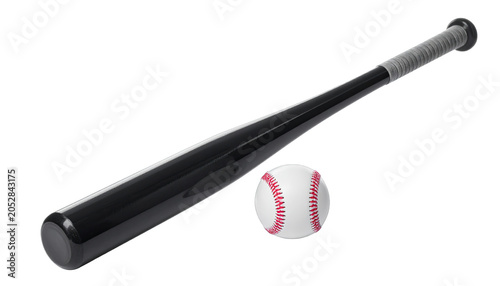 Baseball bat rests next to a white leather ball with red stitching on a clean white background.