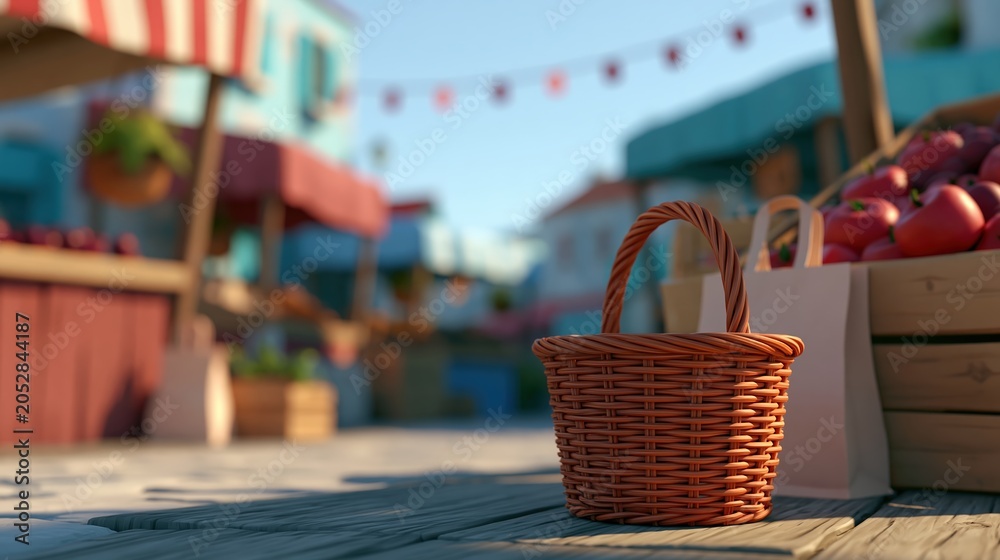 Obraz premium Wicker basket and paper bag at outdoor summer market with blurred stalls and blue sky