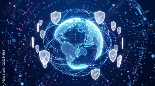 Digital globe surrounded by protective shields for global cybersecurity