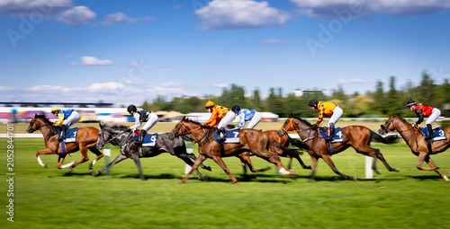 Cuadro en lienzo Exciting horse race with jockeys competing at full speed on a racetrack