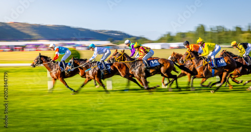 Obraz na plátně Exciting horse race with jockeys competing at full speed on a racetrack