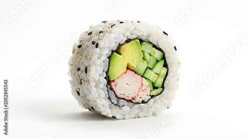 California sushi roll with crab, avocado, and cucumber isolated on white background