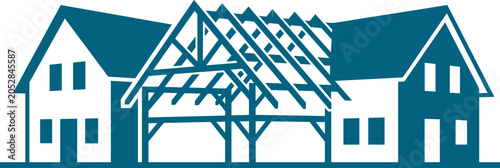 Residential housing construction set showing building frames and completed home silhouettes for real estate development