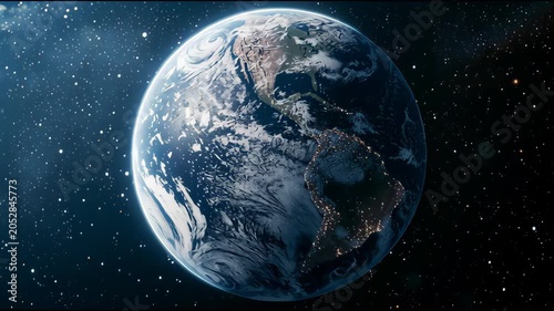 Planet Earth from space with clouds oceans continents and city lights
