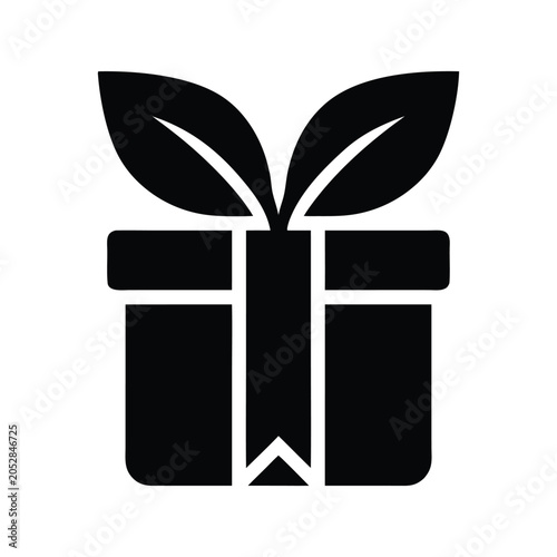 Minimal Eco Gift Box with Leaf Ribbon Black Vector Icon