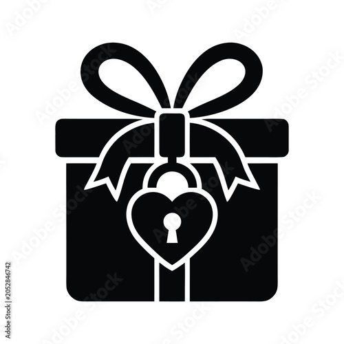 Gift Box with Heart Lock and Ribbon Black Vector Icon