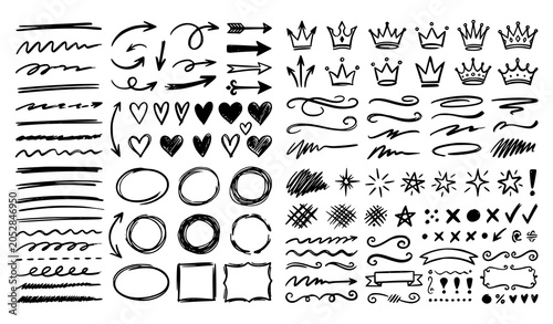 Foto Hand drawn marker underline arrow heart and scribble brush element set