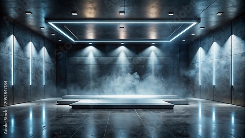 3d rendering of an empty room with a concrete wall and floor,3D render of a stark, empty room with textured concrete walls and spotlights.