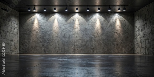 3d rendering of an empty room with a concrete wall and floor,3D render of a stark, empty room with textured concrete walls and spotlights.