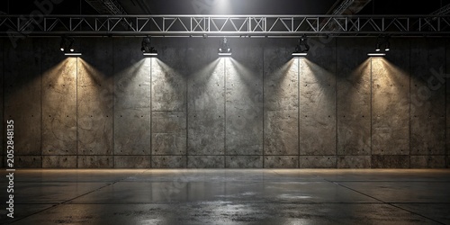 3d rendering of an empty room with a concrete wall and floor,3D render of a stark, empty room with textured concrete walls and spotlights.
