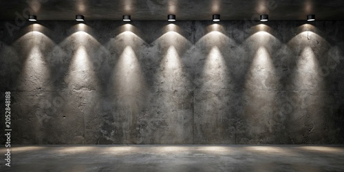 3d rendering of an empty room with a concrete wall and floor,3D render of a stark, empty room with textured concrete walls and spotlights.
