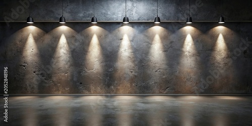 3d rendering of an empty room with a concrete wall and floor,3D render of a stark, empty room with textured concrete walls and spotlights.