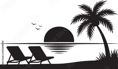 Vászonkép Two beach chairs by sunset with palm tree silhouette