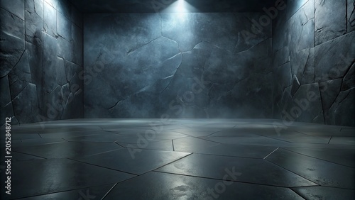 3d rendering of an empty room with a concrete wall and floor,3D render of a stark, empty room with textured concrete walls and spotlights.