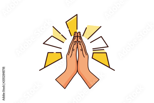 Vászonkép Praying hands with yellow and white abstract shapes around them in a vector illu