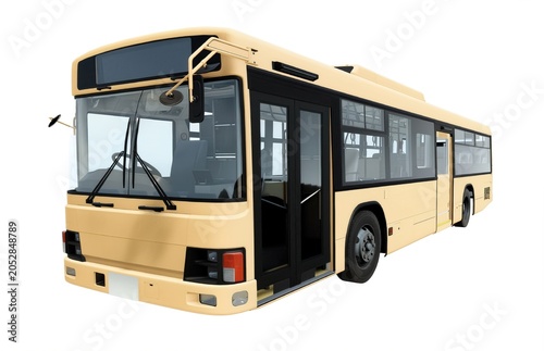 Beige public transit bus isolated on white background. Modern passenger transportation vehicle designed for urban transit, municipal mobility, commuting, and transportation infrastructure applications