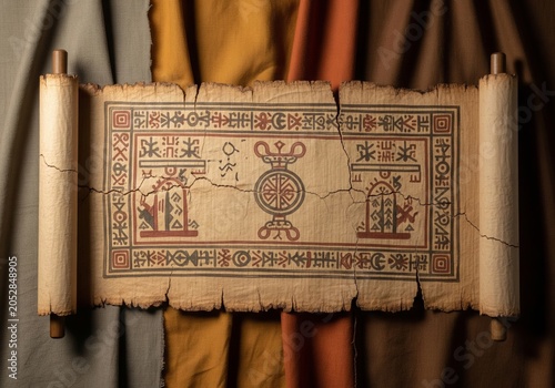 Ancient Cracked Scroll with Ethnic Patterns on Earth-Toned Fabrics, Detailed Texture, High-Quality Visual