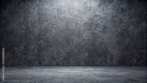 3d rendering of an empty room with a concrete wall and floor,3D render of a stark, empty room with textured concrete walls and spotlights.