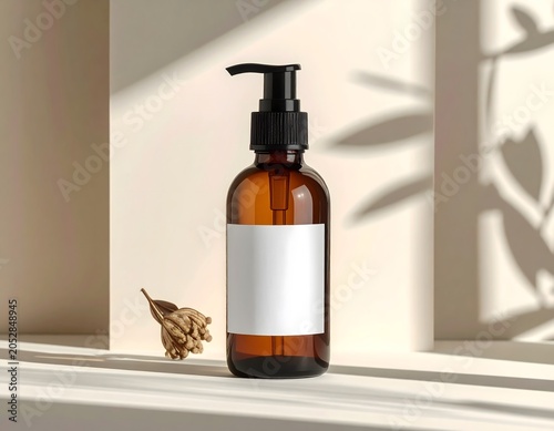 Amber glass pump bottle mockup with blank label in minimalist interior with plant and shadows