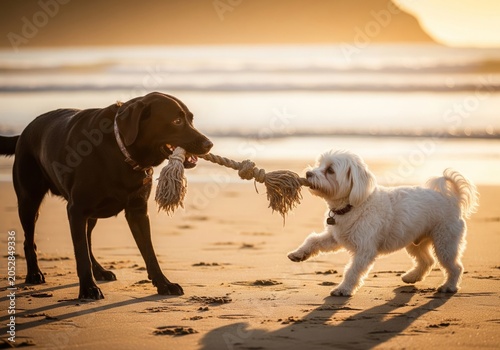 Dogs playing tug-of-war on a beach at golden hour, symbolizing friendship and joy