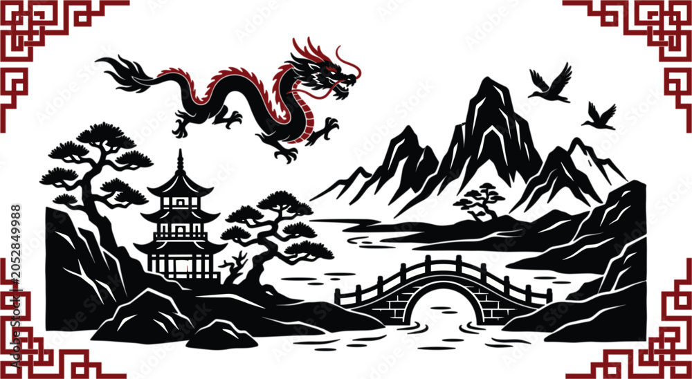 Fototapeta premium Traditional Chinese Oriental Landscape Vector Illustration with Flying Imperial Dragon Pagoda Temple Arched Bridge Mountains and Red Corner Border Ornaments