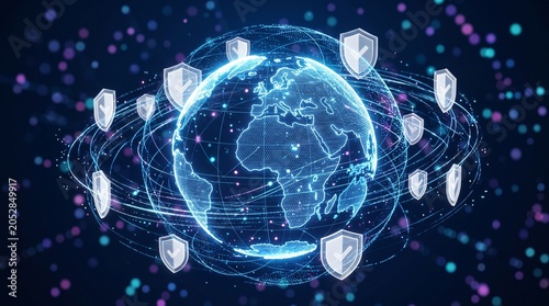 Digital globe with shield icons representing global cybersecurity