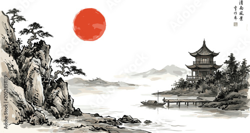 Traditional Chinese Ink Painting Landscape Vector Illustration with Red Sun Pagoda Pavilion Wooden Dock Boat Mountains and Pine Trees