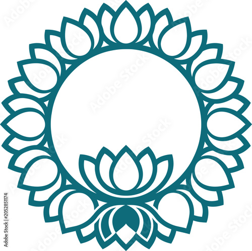 Teal lotus flower circular frame design with intricate petals and a serene aesthetic