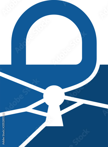 A blue and white padlock with a keyhole and broken lines around it