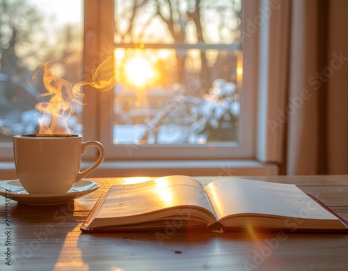 Open book and steaming coffee cup on windowsill at sunrise
