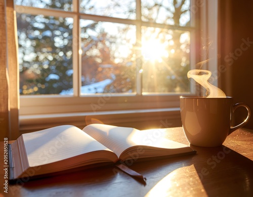 Open book and steaming coffee cup on windowsill at sunrise