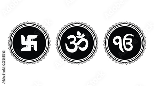 Religious symbols vector icon set including Swastika, Om, and Ek Onkar