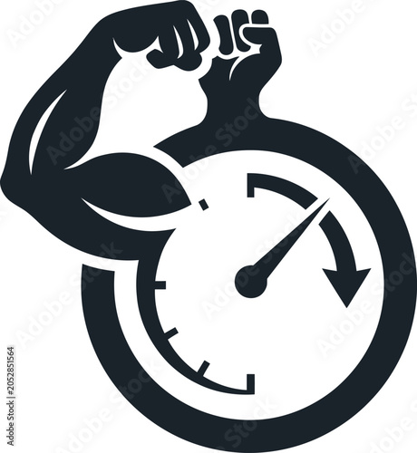 A black and white illustration of a flexed arm holding a stopwatch