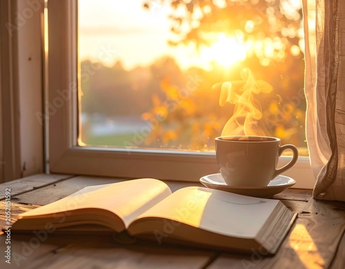 Open book and steaming coffee cup on windowsill at sunrise