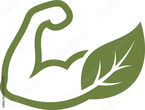 Green flexed arm with leaf symbolizing eco friendly fitness and healthy lifestyle