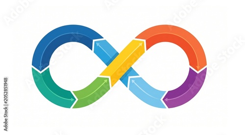 Continuous infinity loop corporate workflow diagram with colorful process segments in flat vector style