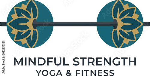 Mindful strength yoga and fitness logo with lotus flowers on dumbbell