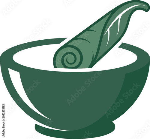 A green mortar and pestle with a leafy vegetable