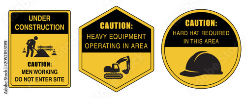 Yellow Construction Safety Signs Vector Set – Under Construction, Heavy Equipment & Hard Hat Required Warning Icons