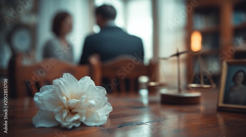 White flower on wooden table with blurred scales of justice and family photo suggesting wrongful death accident claim and legal grief.