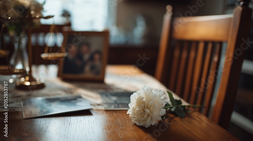 Single white carnation on wooden table beside empty chair and family photo conveying wrongful death lost dead and mourning after sudden loss.
