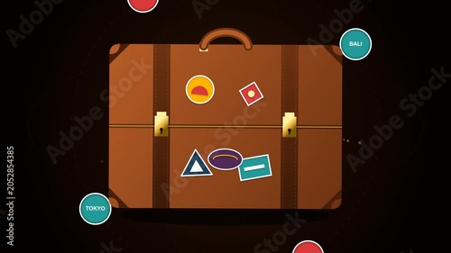 Vintage Travel Suitcase Animation with Orbiting World Destination Icons for Travel Agency Presentation Background and Tourism Motion Design Video