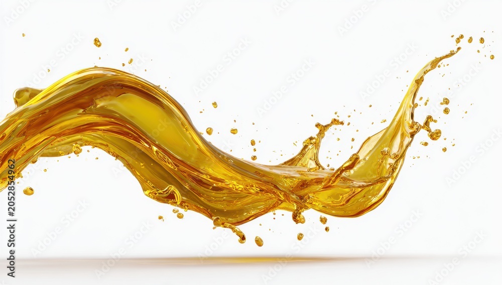 Fototapeta premium Golden Liquid Splatter: A dynamic splash of golden liquid, resembling motor oil or honey, creates an elegant wave with droplets scattering against a clean backdrop.