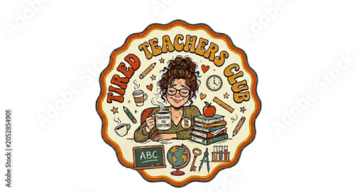 UntitledTired Teachers Club Retro Badge Vector - Vintage Sticker Design with Messy Bun Teacher, Coffee and Books
