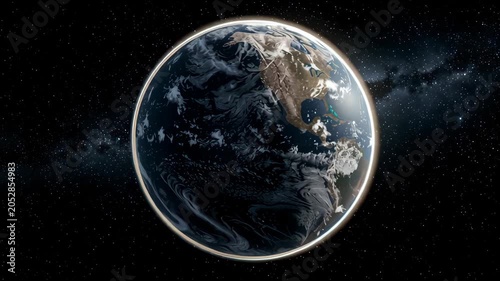 Planet Earth from space showing continents oceans clouds and stars