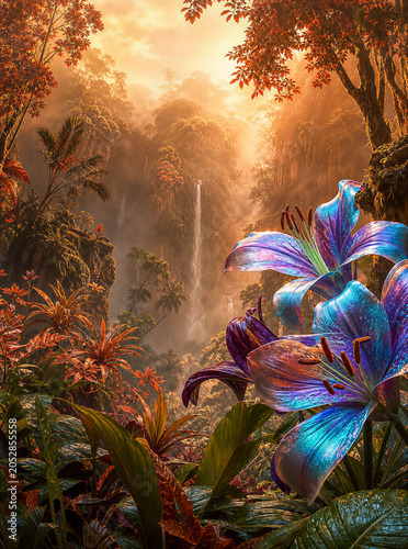 Iridescent blue lily flowers in mystical tropical jungle with waterfall