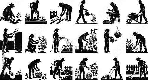 Foto Gardening silhouettes vector set featuring people farming planting watering flow