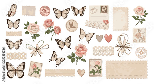 Elegant vintage scrapbooking collection featuring butterflies, roses, ribbons, and postal stamps in neutral beige tones.